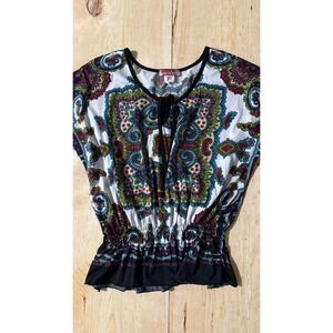 Carol Rose Womens XL Petite Paisley Peplum Top Smocked Waist Multicolor Boho